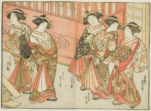 Cinq courtisanes de diverses maisons, du livre "Miroir des belles femmes des quartiers de plaisir," vol. 3 - Katsukawa Shunsho