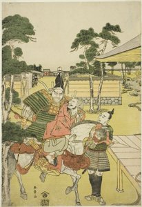 Musashibo Benkei amène le captif Tosabo Shoshun à Yoshitsune dans la pièce Horikawa Youchi no Zu Uki-e Nimaitsuzuki - Katsukawa Shunsho