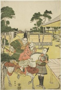 Musashibo Benkei amène le captif Tosabo Shoshun à Yoshitsune dans la pièce Horikawa Youchi no Zu Uki-e Nimaitsuzuki, vers 1782 (estampe sur bois en couleur; oban) - Katsukawa Shunsho