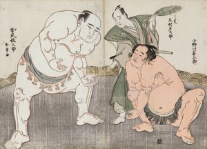 Onagawa Kisaburo et Tanikaze Kajinosuke exécutant le Shiriki dans le Dohyo, arbitrés par Kimura Shonosuke