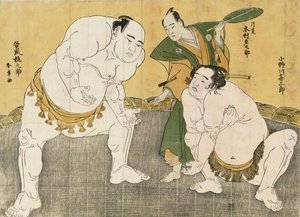 Onagawa Kisaburo et Tanikaze Kajinosuke exécutant le Shiriki dans le Dohyo, arbitrés par Kimura Shonosuke