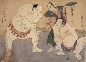 Onagawa Kisaburo et Tanikaze Kajinosuke exécutant le Shiriki dans le Dohyo, arbitrés par Kimura Shonosuke