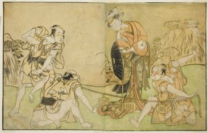 Les acteurs Bando Zenji I en Nagahashi Saburo, Iwai Hanshiro IV en Otatsu-gitsune, Nakamura Konozo en Hagai Ujitsune, et un acteur non identifié (de droite à gauche), dans la pièce Nue no Mori Ichiyo no Mato, jouée au théâtre Nakamura en novembre - Katsukawa Shunsho