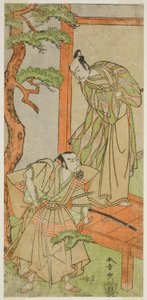 Les acteurs Ichikawa Danjuro V en tant que Momonoi Wakasanosuke (à droite), et Nakamura Nakazo I en tant que Kakogawa Honzo (à gauche), dans la pièce Kanadehon Chushingura, jouée au théâtre Nakamura en mai 1771 - Katsukawa Shunsho