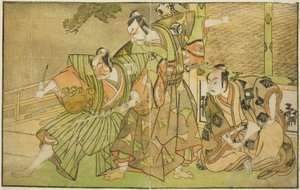 Les acteurs Ichikawa Komazo II comme Minamoto no Yorimasa (à droite), Matsumoto Koshiro II comme Osada no Taro Kagemune déguisé en Yatsurugi Zaemon (au centre), et Ichikawa Danzo III comme I no Hayata Tadazumi (à gauche), dans la pièce Nue no Mori Ichiyo n - Katsukawa Shunsho