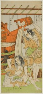 Les acteurs Ichikawa Komazo II en tant que Satsuma Gengobei (à droite), et Nakamura Nakazo I en tant que Sasano Sangobei (à gauche) - Katsukawa Shunsho