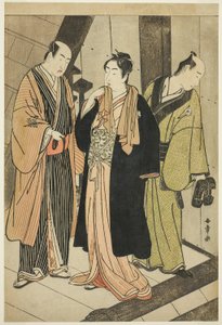 Les acteurs Ichikawa Monnosuke II (à gauche), Iwai Hanshiro IV (au centre), et Iwai Karumo (?) (à droite), sur un débarcadère en coulisses - Katsukawa Shunsho