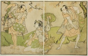 Les acteurs Ichikawa Somegoro (à droite), Segawa Kikunojo II (au centre) et Bando Sampachi (à gauche), dans des rôles non identifiés de la pièce Myoto-giku Izu no Kisewata, jouée au théâtre Ichimura en novembre 1770 - Katsukawa Shunsho