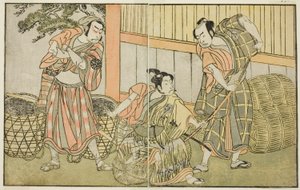 Les acteurs Kasaya Matakuro II comme Hagun Taro (à droite), Ichikawa Monnosuke II comme Izutsu no Suke Narihira (au centre), et Nakamura Nakazo I comme Kose no Kanaoka déguisé en Sogoro le charbonnier, dans la pièce Kuni no Hana Ono no Itsumoji, jouée au N - Katsukawa Shunsho