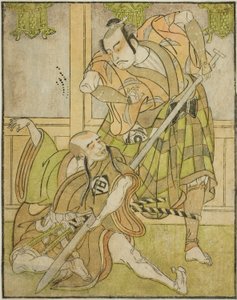 Les acteurs Kasaya Matakuro II en Nobuyori déguisé en Yakko Gunnai (à droite), et Miyazaki Hachizo en moine laïc Hambyo Nyudo (à gauche), dans la pièce Nue no Mori Ichiyo no Mato, jouée au théâtre Nakamura en novembre 1770