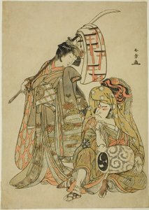 Les acteurs Nakamura Nakazo I en Onmaya Kisanda déguisé en Kakubei le danseur de lion (Kakubei-jishi) (à droite) et Segawa Kikunojo III en Shizuka Gozen (à gauche), dans la séquence de danse "Myoto-zake Kawaranu Nakanaka" (Harmonie éternelle de la coupe nu