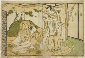 Les acteurs Nakamura Nakazo I en Taira no Kiyomori (à droite), et Yamashita Kinsaku II en Tokiwa Gozen (à gauche), dans la pièce Nue no Mori Ichiyo no Mato, jouée au théâtre Nakamura en novembre 1770 - Katsukawa Shunsho