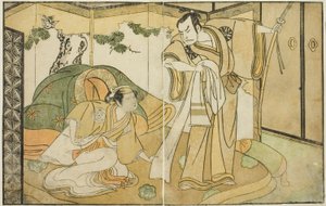 Les Acteurs Nakamura Nakazo I comme Taira no Kiyomori (droite), et Yamashita Kinsaku II comme Tokiwa Gozen (gauche), dans la pièce Nue no Mori Ichiyo no Mato, jouée au Théâtre Nakamura en novembre 1770 - Katsukawa Shunsho