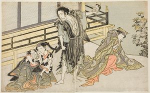 Les acteurs Nakamura Noshio I comme Nyosan no Miya (à droite), Ichikawa Danjuro V comme le moine renégat Yochin (au centre), et Yamashita Kinsaku II comme la servante Mutsuhana (à gauche), dans la pièce Fuki Kaete Tsuki mo Yoshiwara, jouée au théâtre Morit - Katsukawa Shunsho