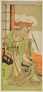Les acteurs Nakamura Utaemon I en Karashi Baba (à droite) et Ichikawa Danjuro IV en Sanshodayu (à gauche), dans la pièce Kawaranu Hanasakae Hachi no Ki, jouée au théâtre Nakamura en novembre 1769 - Katsukawa Shunsho