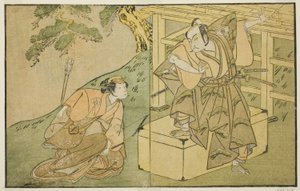 Les acteurs Onoe Matsusuke I en Akaboshi Taro (à droite), et Azuma Tozo II en Shirotae (à gauche), dans la pièce Kono Hana Yotsugi no Hachi no Ki, jouée au théâtre Ichimura en novembre 1771 - Katsukawa Shunsho