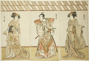 Les acteurs Onoe Tamizo I comme Nishikigi (?) ou Otae (?) (droite), Ichikawa Danjuro V comme Miura Heidayu Kunitae (?) (centre), et Osagawa Tsuneyo II comme Oyuki (?) (gauche), dans la pièce Date Nishiki Tsui no Yumitori (?), jouée au théâtre Morita (?) à 