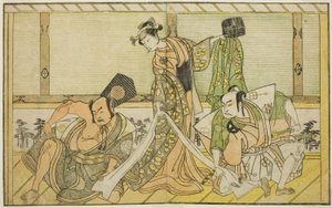 Les Acteurs Otani Hiroji III en Kawazu no Saburo (à droite), Segawa Kikunojo II en Princesse Tatsu (Tatsu Hime) (au centre), et Nakamura Sukegoro II en Matano no Goro (à gauche), dans la pièce Myoto-giku Izu no Kisewata, jouée au Théâtre Ichimura en onzièm - Katsukawa Shunsho