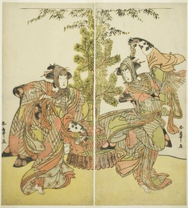 Les acteurs Segawa Kikunojo III comme Yasukata (à droite), et Iwai Hanshiro IV comme Utou (à gauche) dans la pièce Godai Genji Mitsugi no Furisode, jouée au théâtre Nakamura en novembre 1782 - Katsukawa Shunsho