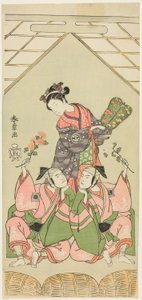Les acteurs Segawa Kikunojo II en tant que nourrice Reizei, Ichikawa Komazo I en tant que Suruga no Hachiro déguisé en joueur de shamisen Kichiroku (à droite), et Ichikawa Yaozo II en tant que Tada no Kurando déguisé en porteur de palanquin Kichinai (à gau - Katsukawa Shunsho