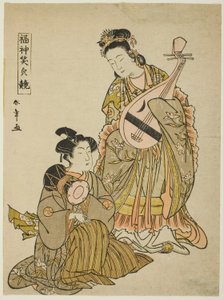 La déesse Benten tenant un biwa et un jeune homme tenant un tambour d