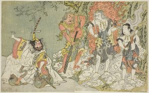 La pièce Fuki Kaete Tsuki mo Yoshiwara, jouée au théâtre Morita au onzième mois, vers 1771-72 - Katsukawa Shunsho