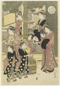Trois courtisanes de la maison Ōgiya et leurs serviteurs