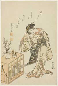 Jeune femme avec un singe en cage (impression de calendrier pour le Nouvel An 1776)