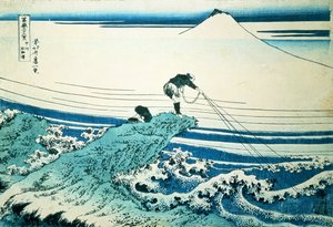 "Un pêcheur debout sur un promontoire rocheux à Kajikazawa dans la province de Kai", de la série "36 vues du mont Fuji", pub. vers 1830-31