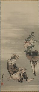 Un homme assis regardant des pivoines en pot, période Edo - Katsushika Hokusai