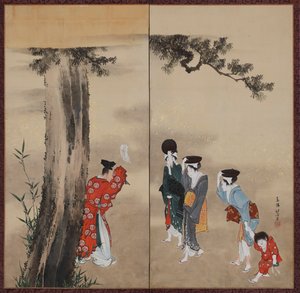 Un prêtre shinto, trois femmes et un enfant, période Edo, vers 1799-1801