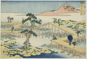 Vue ancienne du pont à huit planches dans la province de Mikawa (Mikawa no Yatsuhashi no kozu), de la série "Vues inhabituelles des ponts célèbres dans diverses provinces (Shokoku meikyo kiran)" - Katsushika Hokusai