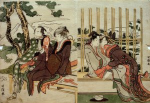 Azuma et Yogoro dans la vieille neige. Koman et Yosaku au crépuscule - Katsushika Hokusai