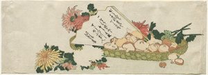 Panier avec éventail, chrysanthèmes et champignons, début des années 1800 - Katsushika Hokusai
