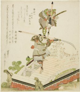 Char de festival de Tsutsui Jomyo combattant Ichirai Hoshi sur le pont Uji - Katsushika Hokusai