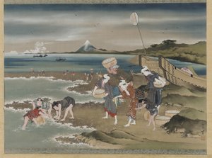 Paysage : ramasseurs de palourdes sur le rivage (encre et couleur sur soie) - Katsushika Hokusai