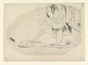 Homme en pagne, une boîte et une souris