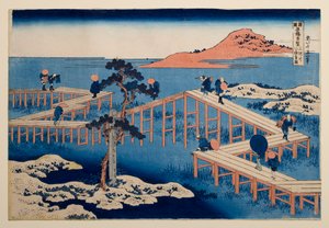Vue ancienne du pont à huit travées de Yatsuhashi, dans la province de Mikawa, tirée de la série « Vues remarquables de ponts dans diverses provinces » - Katsushika Hokusai