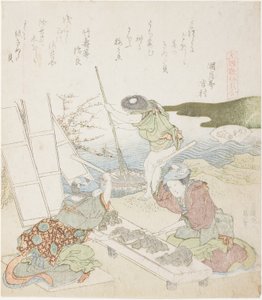 Recyclage du papier, illustration pour The Fulling-block Shell (Kinuta gai), de la série "A Matching Game with Genroku-period Poem Shells (Genroku kasen kai awase)"