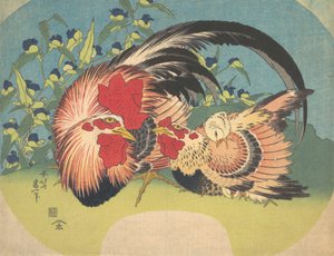 Coq, poule et poussin avec tradescantia, vers 1830-33