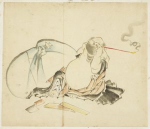 Hotei assis fumant une pipe