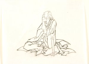 Vieil homme assis, appuyé sur son bâton - Katsushika Hokusai