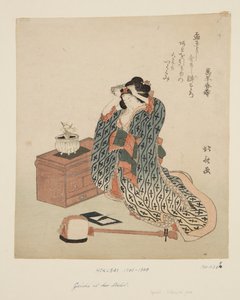 Joueuse de shamisen ajustant ses cheveux - Katsushika Hokusai