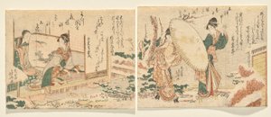 Matin enneigé : Deux femmes marchent dans un jardin enneigé avec des geta de neige et un parapluie ; L : Jeune femme jouant du koto et regardant sa mère