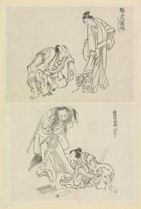 Deux scènes de théâtre, une avec un homme et une femme et une avec un homme et une femme-renard - Katsushika Hokusai