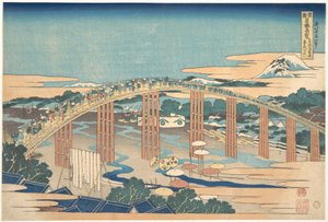 Le pont Yahagi à Okazaki sur la route du Tōkaidō (Tōkaidō Okazaki Yahagi no hashi), tiré de la série « Vues remarquables de ponts dans diverses provinces » (Shokoku meikyō kiran) - Katsushika Hokusai