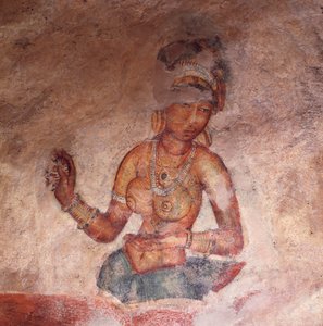 Apsaras, nymphe céleste faisant une offrande, fresque, citadelle fortifiée de Sigiriya (Liste du patrimoine mondial de l