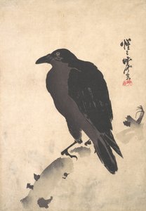 Corbeau reposant sur un tronc de bois, milieu-fin 19e siècle