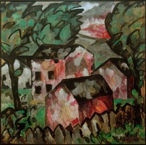 Paysage avec trois maisons rouges - Kazimir Severinovich Malevich