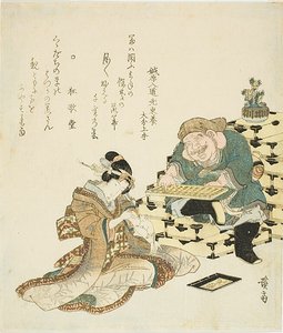 Daikoku avec un boulier et une femme avec un rat le long de son bras